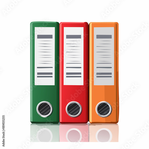 Trois classeurs de rangement, de couleurs différentes, vue sur la tranche, vertical, documents, classement, archivage