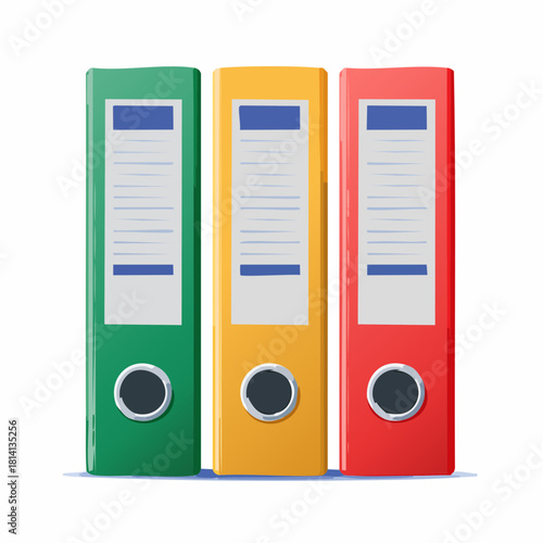 Trois classeurs de rangement, de couleurs différentes, vue sur la tranche, vertical, documents, classement, archivage