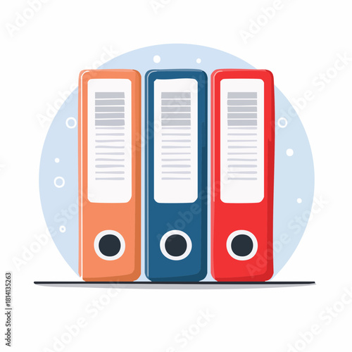 Trois classeurs de rangement, de couleurs différentes, vue sur la tranche, vertical, documents, classement, archivage