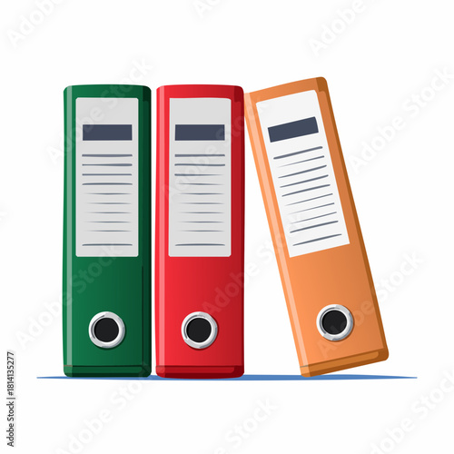 Trois classeurs de rangement, de couleurs différentes, vue sur la tranche, vertical, documents, classement, archivage