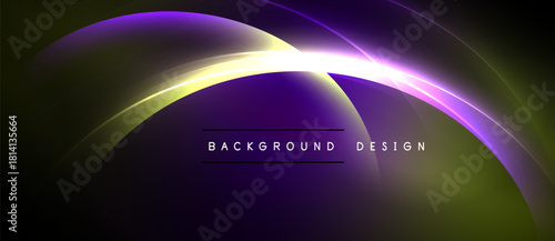 Abstract flowing lines create dynamic purple, gold gradients. Dark background emphasizes bright curves, text overlay present.