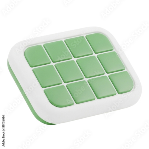 A square-shaped electronic device with a grid of twelve green buttons and a white frame, isolated on a white background, representing a control panel or interface for technology