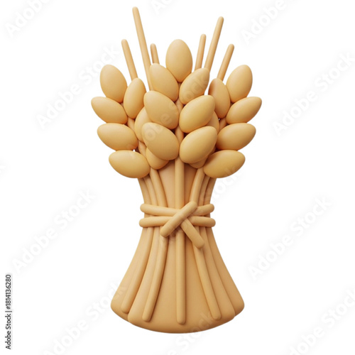 A stylized 3D illustration of a sheaf of wheat, tied with a band, representing agriculture and harvest, with a warm, golden hue