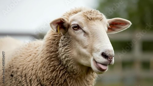 Closeup of a sheep sticking its tongue out in a field on a cloudy day