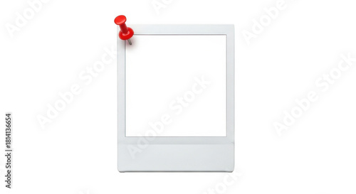 Blank white instant photo frame pinned with a red thumbtack isolated on transparent background