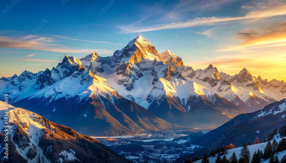 Obraz premium Majestic Snowy Mountain Range Illuminated by Golden Sunset Light