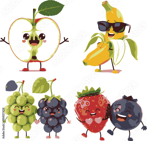Cheerful cartoon fruit characters apple banana grapes strawberry and blueberry illustration
