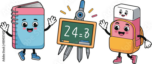 Cheerful Cartoon School Supplies Characters ready to Study and Learn