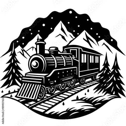 Black and white illustration of a vintage steam train traveling through snowy mountains