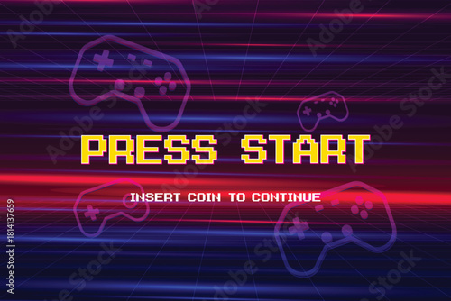 PRESS START. INSERT COIN TO CONTINUE. pixel art. 8 bit game. Retro Futurism Sci-Fi Background. glowing neon grid. and stars from vintage arcade computer games