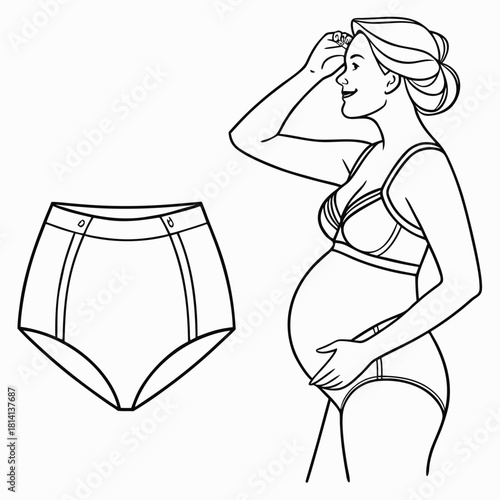 Black and white line drawing of pregnant woman and maternity brief