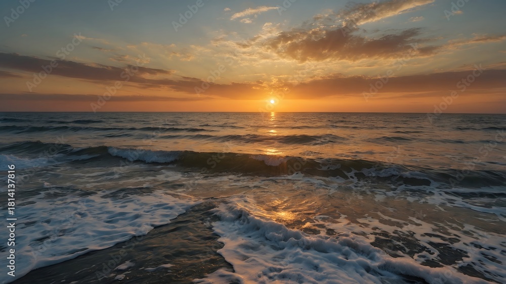 Fototapeta premium a picturesque sunset over the ocean, with the sun casting a warm glow across the water