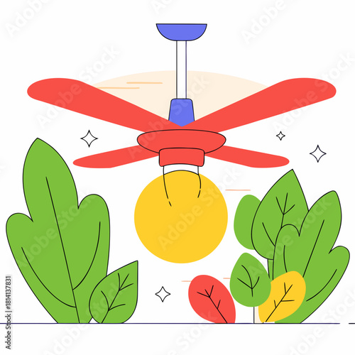 Colorful ceiling fan with light fixture surrounded by lush green foliage