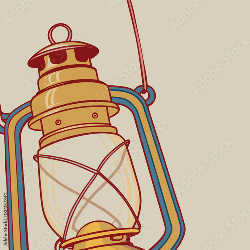 Close up illustration of a vintage hanging kerosene lantern with brass top