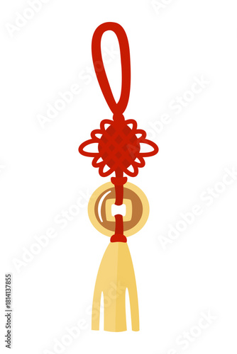 Сartoon chinese Feng Shui lucky coin. Hanging mascot, asian symbol of luck and wealth. Chinese New Year ancient talisman.