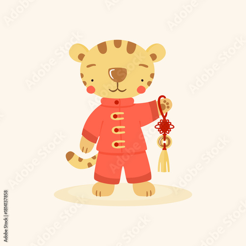 Cute cartoon chinese tiger in red costume with Feng Shui lucky coin. Funny animal character, symbol of 2022 according to the Chinese or lunar calendar.
Flat vector illustration.