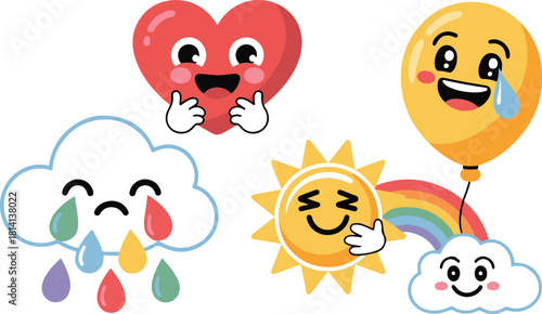Cheerful weather friends heart cloud sun balloon and rainbow illustration