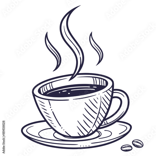 Hand drawn sketch of a steaming hot cup of coffee on a saucer isolated on