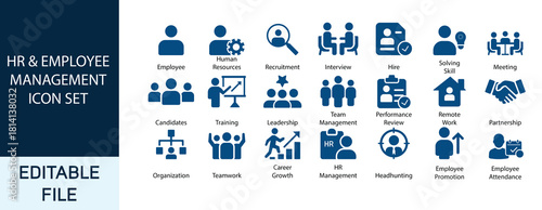 Essential human resources and employee management vector icons