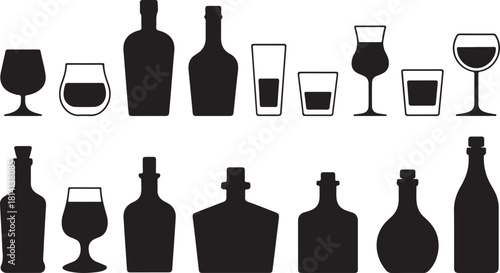 Collection of Bottle and Glassware Silhouettes on White Background Studio Shot