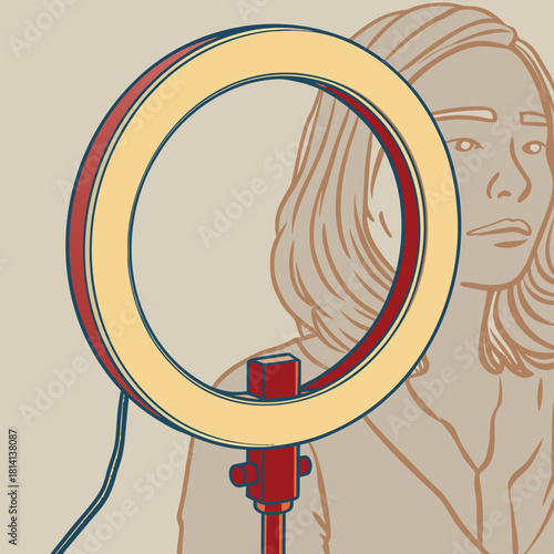 Illustration of a woman behind a large ring light for video recording