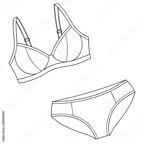 Line art drawing of a bra and panty set isolated on