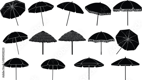 Set of Beach Umbrellas and Parasols Silhouette Vector Illustration, Tropical Vacation Sun Protection, Variety of Styles Including Tiki Straw and Fringe Canopy, Isolated Collection