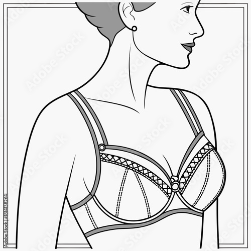Line drawing illustration of a woman wearing a detailed underwire bra isolated on