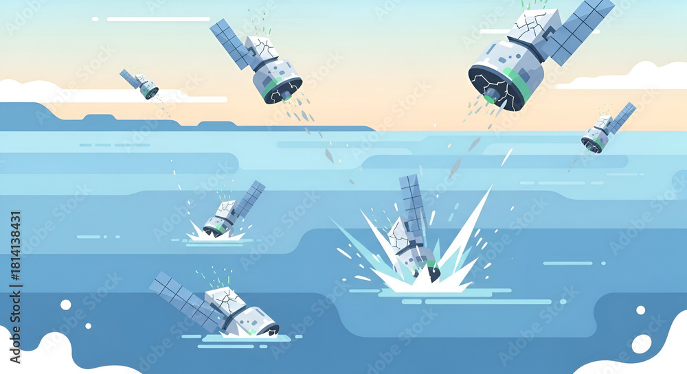 Fototapeta premium Debris of Satellites Falling into the Ocean Pollution in the Sea After Space Exploration