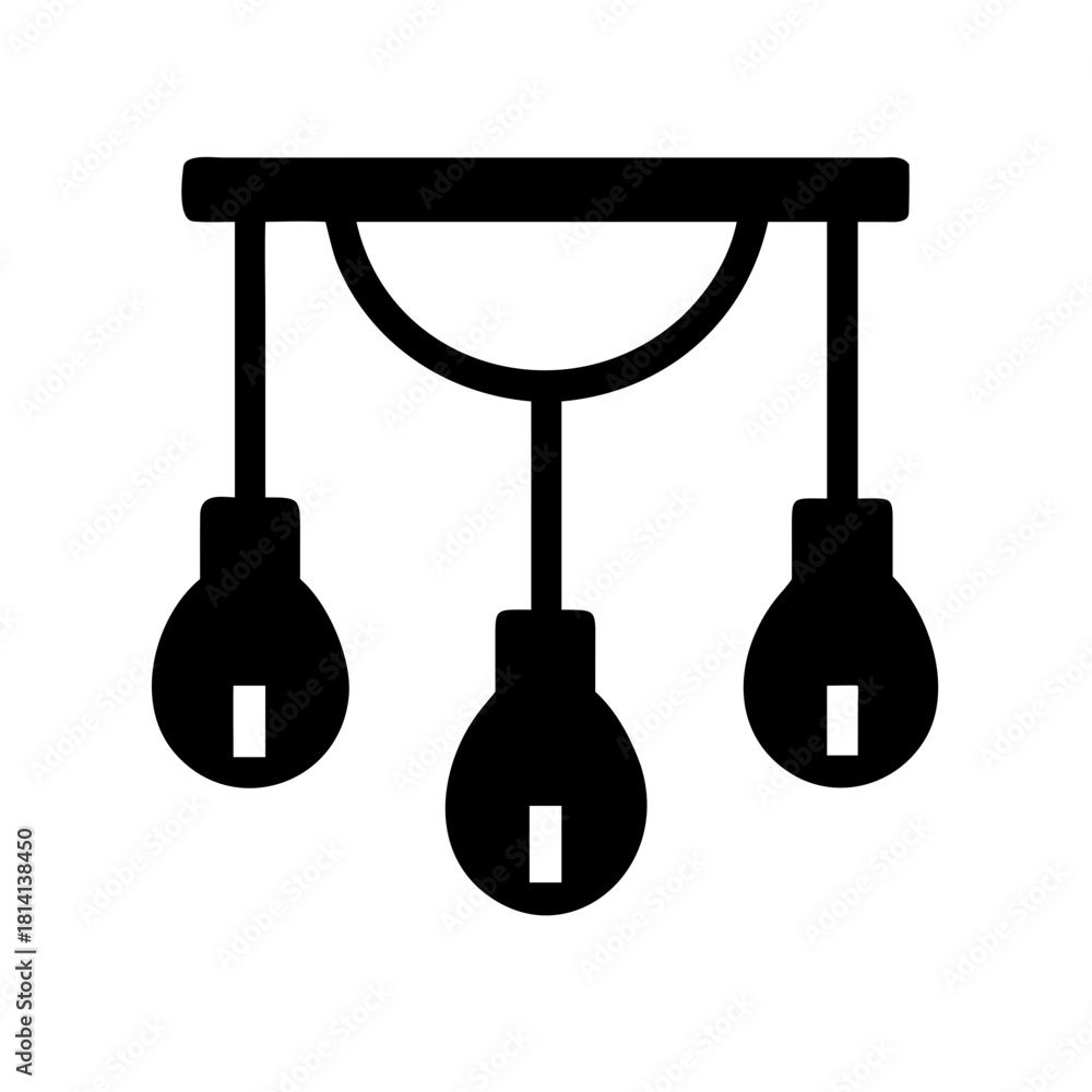 Naklejka premium Simple black and white icon of a threebulb hanging ceiling light fixture