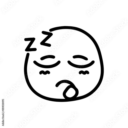 Simple black and white line art icon depicting a sleeping face emoji isolated on