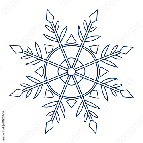 Stylized dark blue line art drawing of a sixsided snowflake isolated on