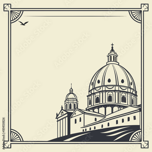 Vintage black and white illustration of a grand cathedral dome and architecture