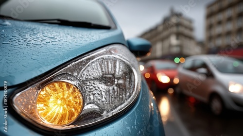 Fototapeta Naklejka Na Ścianę i Meble -  Close up of a blue car’s headlight with raindrops on it. Other cars are blurred in the background while driving on a wet city street