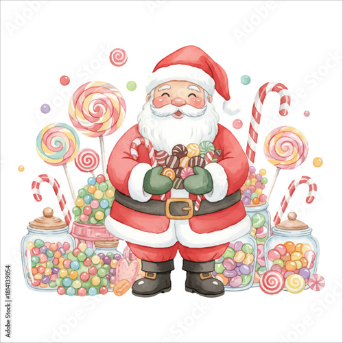 Santa Claus in candy shop watercolor vector for Christmas isolated on white background
