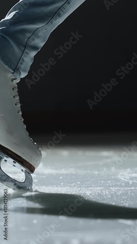 A vertical close-up of ice skating on the rink. woman legs