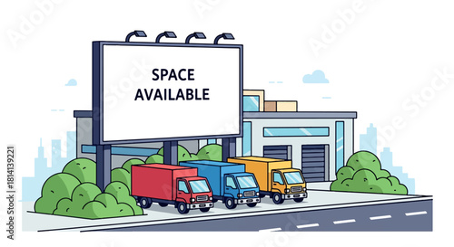 Billboard advertising space available, with trucks parked in front of a building.