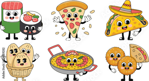 Cute and Colorful Food Characters Illustration representing International Cuisine Variety