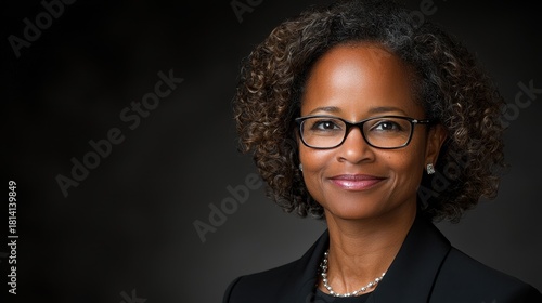 Head and shoulders portrait of a smiling African American woman wearing glasses and a business suit against a dark studio backdrop