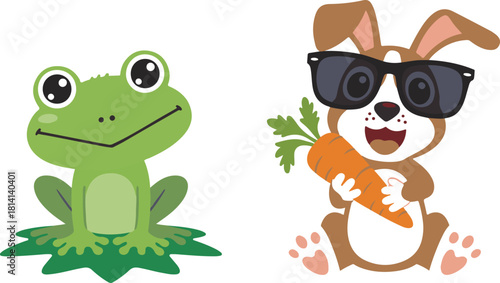 Cute Cartoon Frog on Lily Pad and Cool Bunny with Carrot