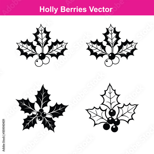 Christmas holly berry flat vector illustration icons set ,Cartoon holly leaves and berries