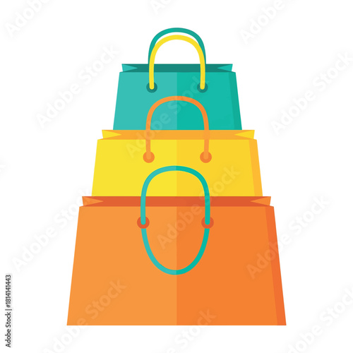A stack of colorful shopping bags, each with a different hue, arranged vertically.