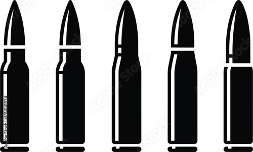 Set of five different bullet or ammunition cartridges vector silhouettes, firearm, weapon, war, crime, military, security, and defense concept icon collection