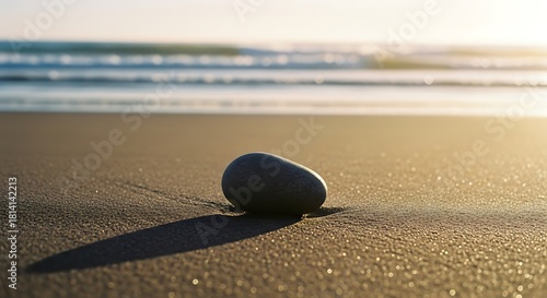 Smooth Pebble on Sandy Beach with Ocean Waves at Sunset.