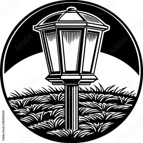 Black and white woodcut style illustration of a garden lamp post