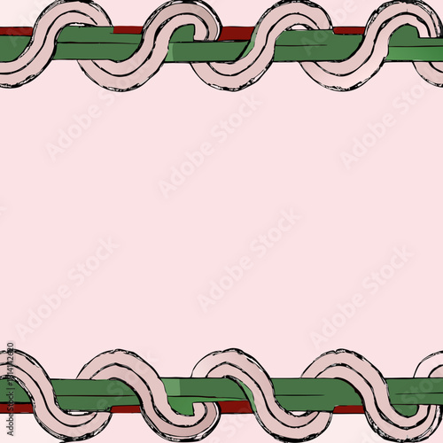 Decorative border design with pink wavy ribbon over green bar