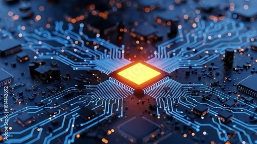 Illuminated circuit board with glowing chip and intricate blue pathways