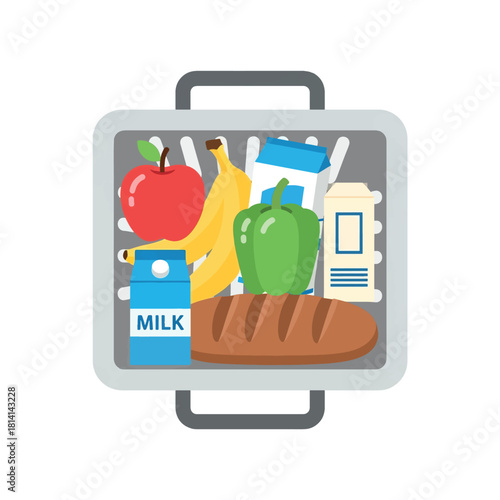 A lunchbox filled with healthy food items, including fruits, bread, and milk.