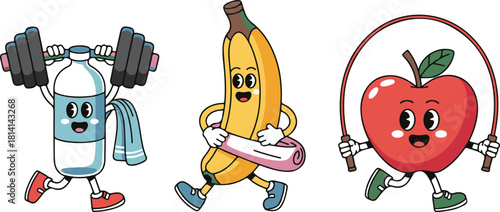 Healthy lifestyle fitness and sports nutrition cartoon characters illustration vector