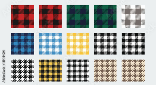 Squares of various checkered  houndstooth patterns in colors like red green blue yellow black white  brown arranged in a grid